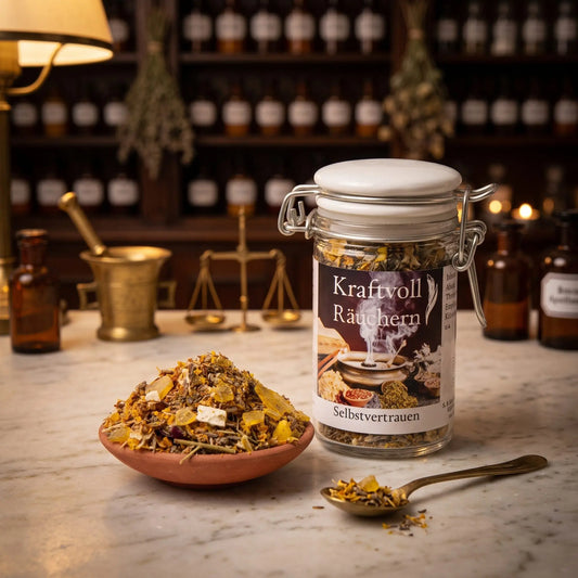 Selbstvertrauen, Räuchermischung der Reihe Kraftvoll Räuchern von Berk, 60 ml im Bügelglas: Glas auf der Marmortheke einer alten Apotheke am Abend, davor eine Terracottaschale mit der losen Mischung und ein Messinglöffel – Spirit of Gaia