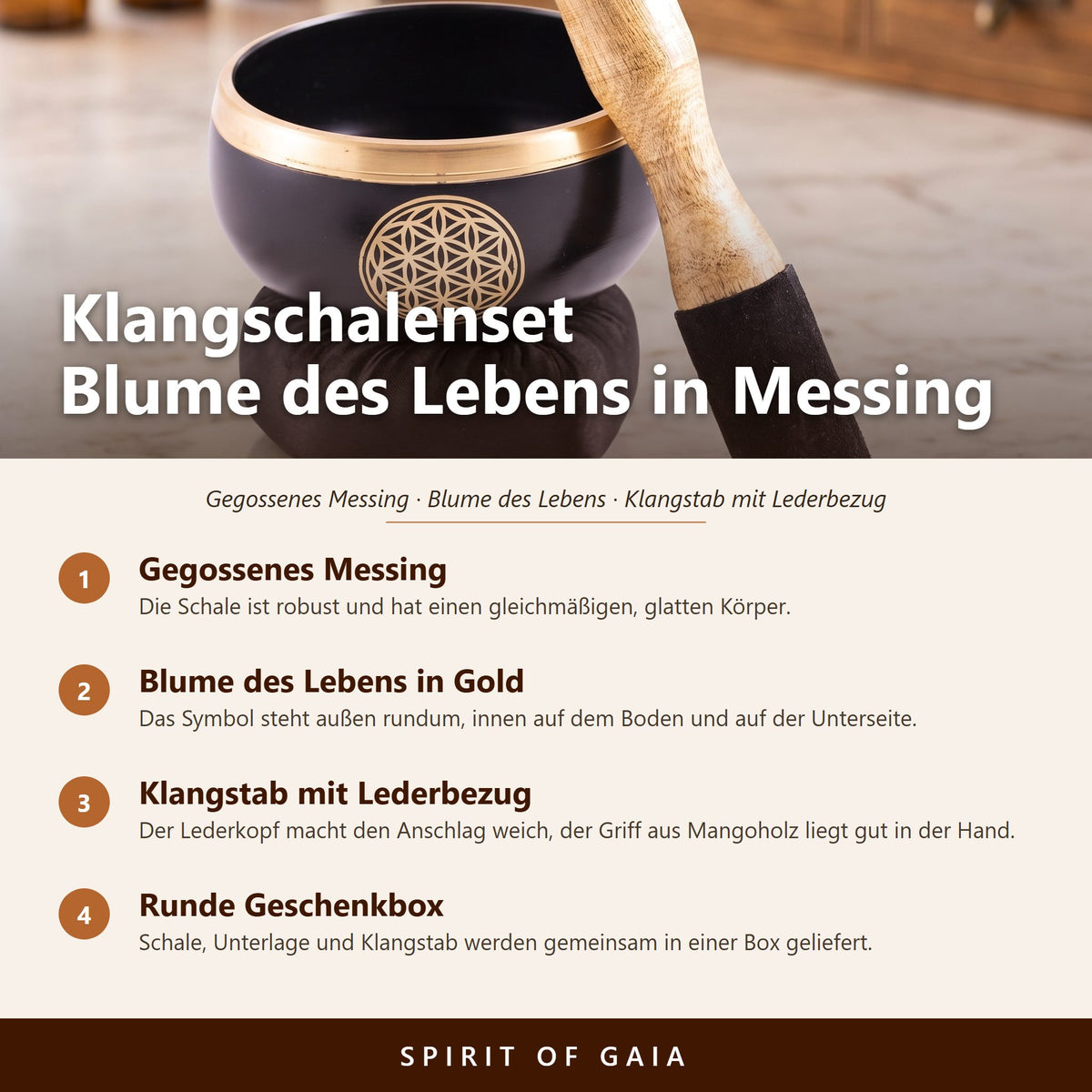 Übersicht zum Klangschalenset Blume des Lebens: gegossenes Messing, Blume des Lebens außen und innen, Klangstab mit Lederbezug, runde Geschenkbox