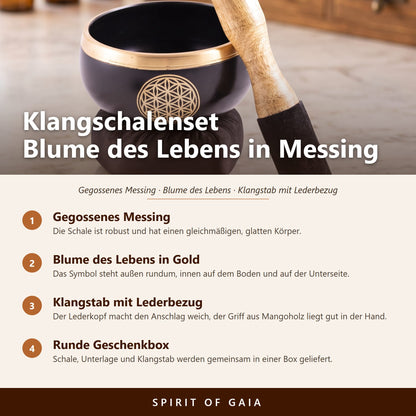 Übersicht zum Klangschalenset Blume des Lebens: gegossenes Messing, Blume des Lebens außen und innen, Klangstab mit Lederbezug, runde Geschenkbox