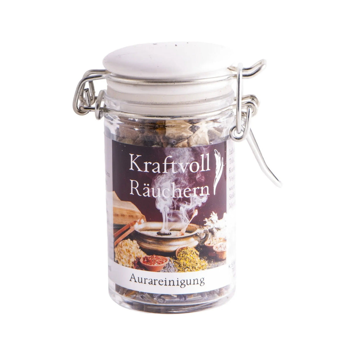 Aurareinigung, Räuchermischung der Reihe Kraftvoll Räuchern von Berk, 60 ml im Bügelglas: Bügelglas mit weißem Deckel und Etikett vor hellem Grund