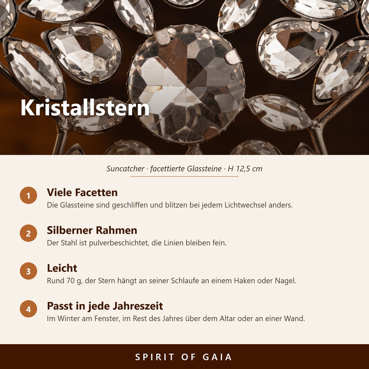 Übersicht zum Kristallstern: facettierte Glassteine, silberner Stahl, 12,5 cm hoch, mit Schlaufe zum Aufhängen