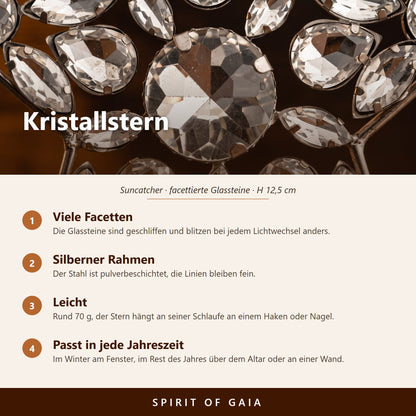 Übersicht zum Kristallstern: facettierte Glassteine, silberner Stahl, 12,5 cm hoch, mit Schlaufe zum Aufhängen