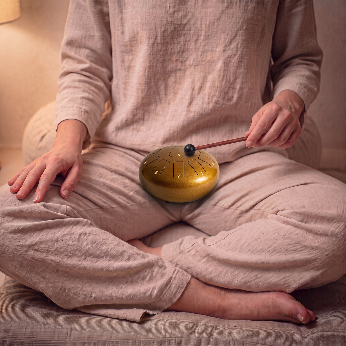 Eine Person im Schneidersitz spielt die große goldene Steeldrum auf dem Schoß mit dem Klangstab