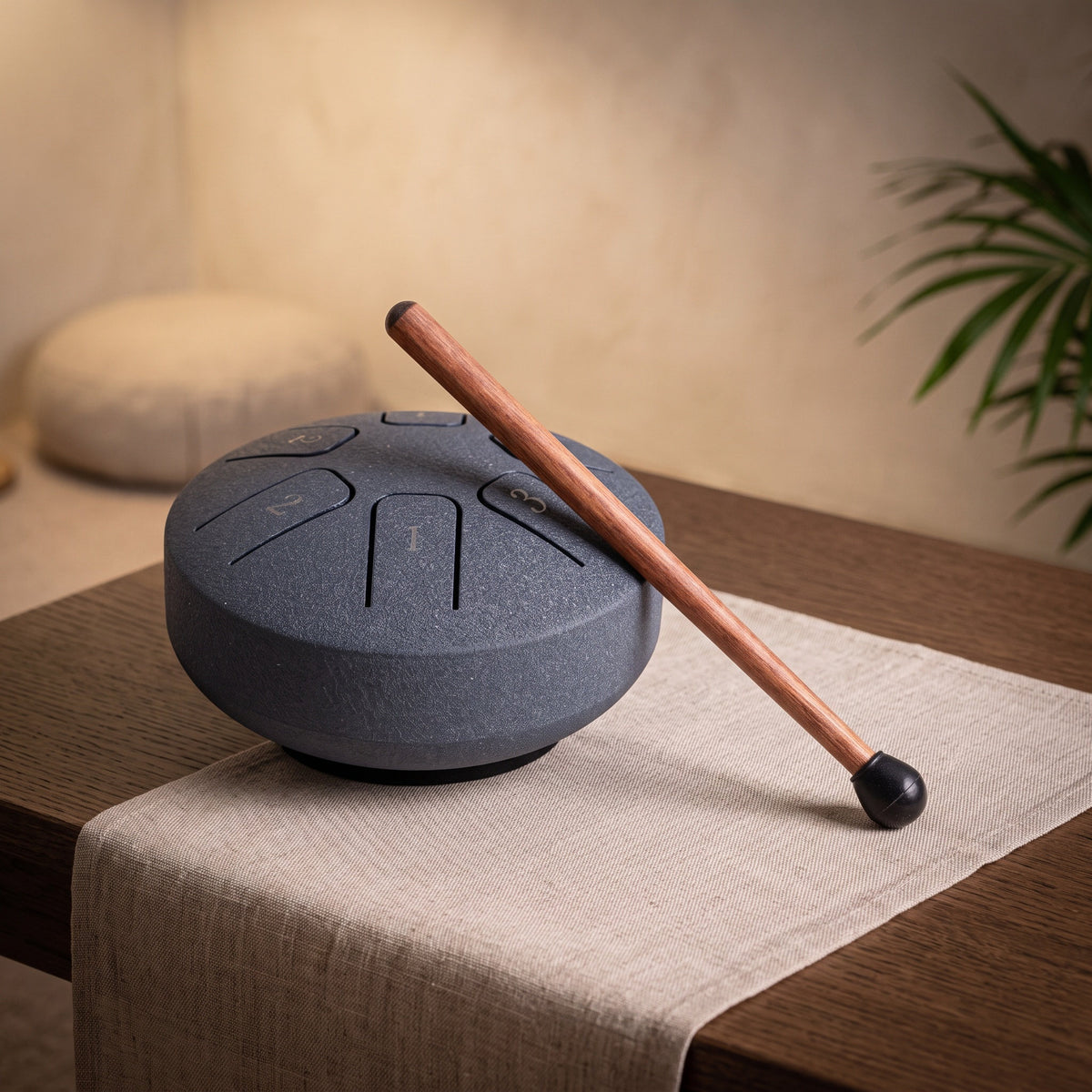Kleine dunkelblaue Steeldrum mit Klangstab auf einem Leinenläufer, dahinter ein warmer Meditationsraum
