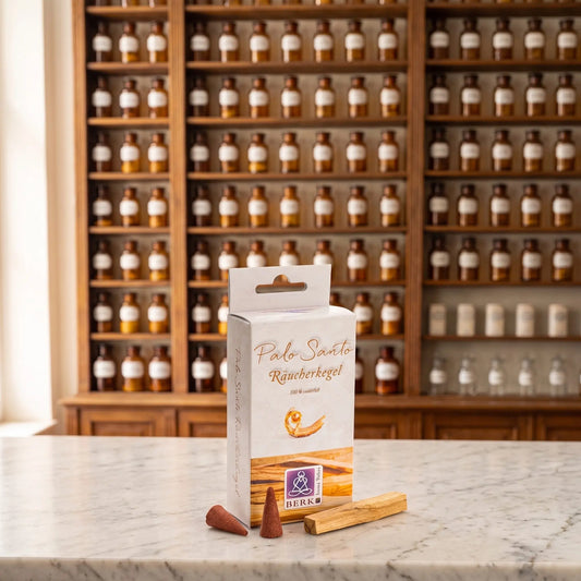 Räucherpyramiden Palo Santo von Berk: Schachtel auf einer Marmortheke vor einem Apothekerschrank, davor zwei lose Räucherkegel und ein Stück Palo-Santo-Holz – Spirit of Gaia