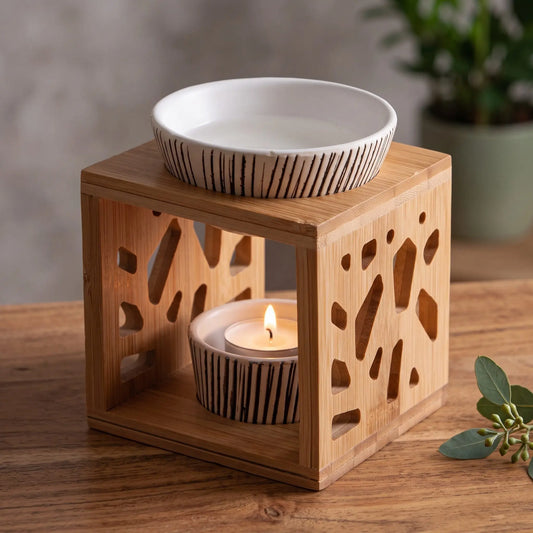 Aromalampe Bambus & Keramik: mit brennendem Teelicht auf einem Holz-Sideboard im Wohnzimmer am Abend, daneben ein Eukalyptuszweig