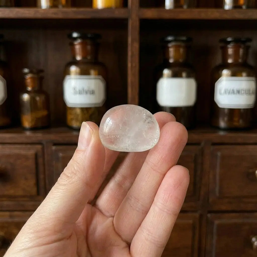 Bergkristall Trommelstein – Größenvergleich in der Hand, ca. 2 bis 3 cm
