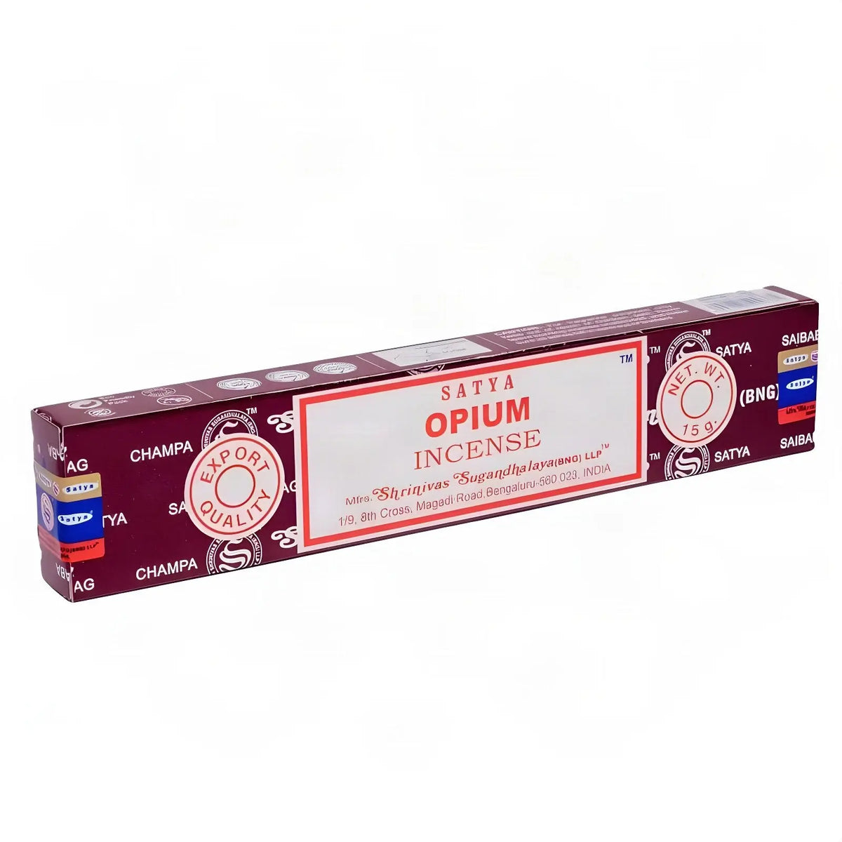 Satya Opium Räucherstäbchen, 15-g-Packung, freigestellt auf Weiß