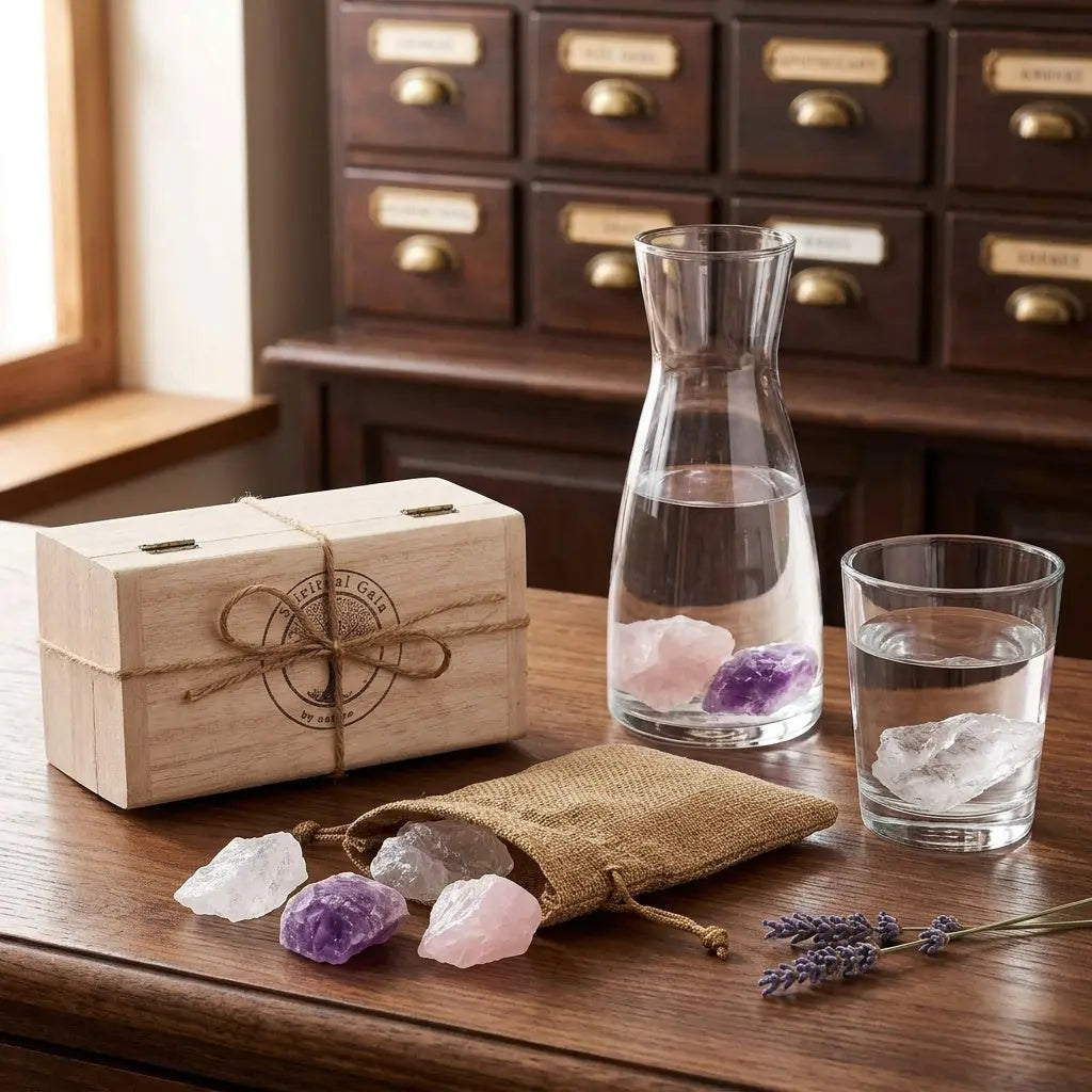Wassersteine Grundmischung im Holzkästchen mit Glaskaraffe und Wasserglas, Rohsteine im Wasser – Spirit of Gaia