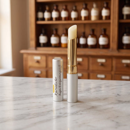 Ayurvedischer Augenstift von Khojati mit cremeweißer Mine, goldfarbener Hülse und silberner Kappe auf Marmor vor einem Holzschrank