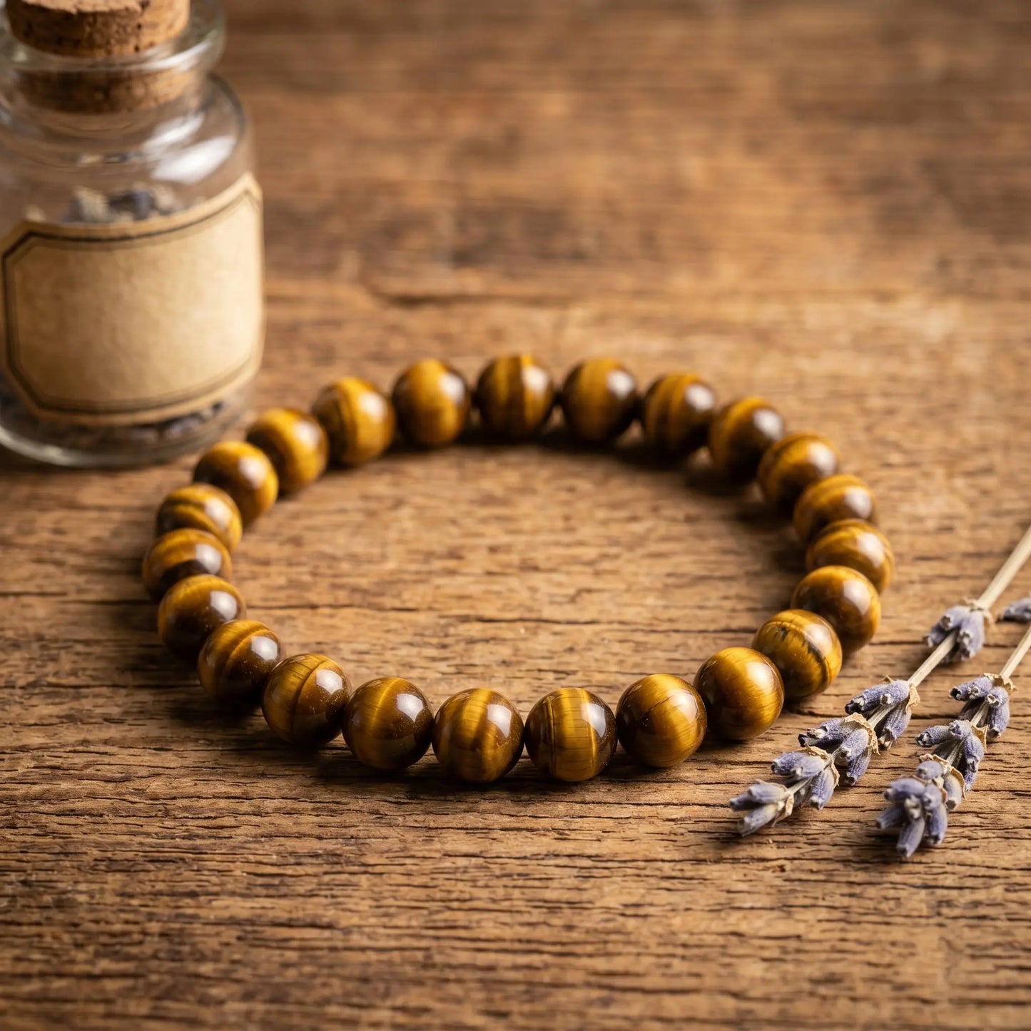 Tigerauge Kugelarmband auf warmem Holz mit getrocknetem Lavendel im Apotheker-Look