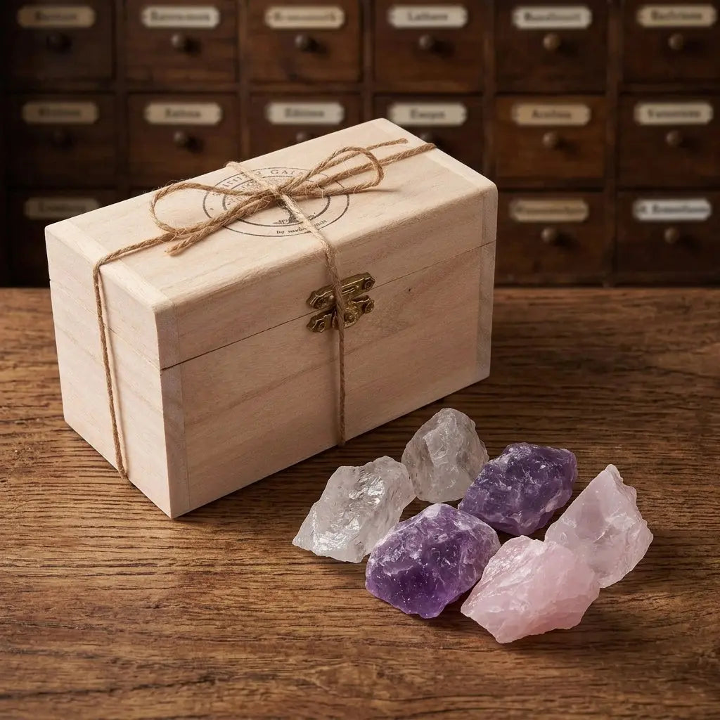 Holzkästchen der Wassersteine Grundmischung seitlich mit allen sechs Rohsteinen: zweimal Amethyst, zweimal Rosenquarz und zweimal Bergkristall – Spirit of Gaia