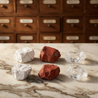 Naturbelassene Rohsteine der Wassersteine Fit & Schlank: Magnesit, Roter Jaspis und Bergkristall in Nahaufnahme – Spirit of Gaia