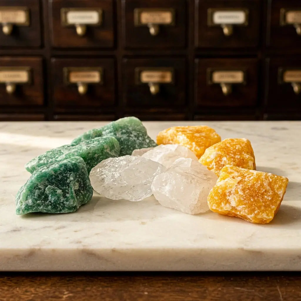 Naturbelassene Rohsteine der Wassersteine Kraft und Mut: Aventurin, Orangencalcit und Bergkristall in Nahaufnahme – Spirit of Gaia