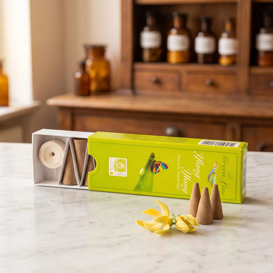 Ylang Ylang Räucherkegel naturrein, Holy Smokes Green Line: geöffnete Packung auf einer Marmortheke vor einem Apothekerschrank, davor lose Räucherkegel und Ylang-Ylang-Blüten – Spirit of Gaia