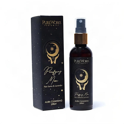 Aura-Spray Purifying Moon (Palo Santo & Lavendel), Sprühflasche und Schachtel, freigestellt auf Weiß