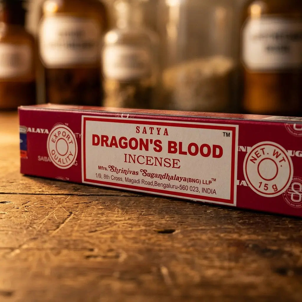 Satya Dragon's Blood Räucherstäbchen – Etikett-Nahaufnahme auf Holz