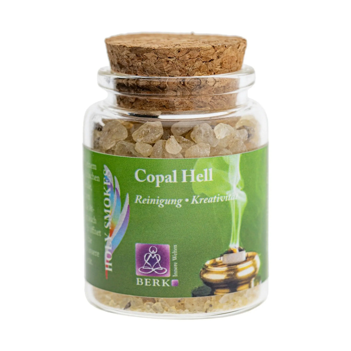 Copal Hell, reines Räucherharz von Berk, 60 ml im Korkglas: Korkglas mit grünem Etikett, freigestellt auf Weiß