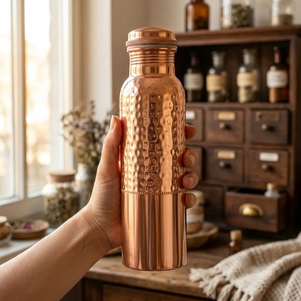 Hand hält die Kupfer-Trinkflasche mit Punkt-Hammerschlag im warmen Apotheker-Ambiente