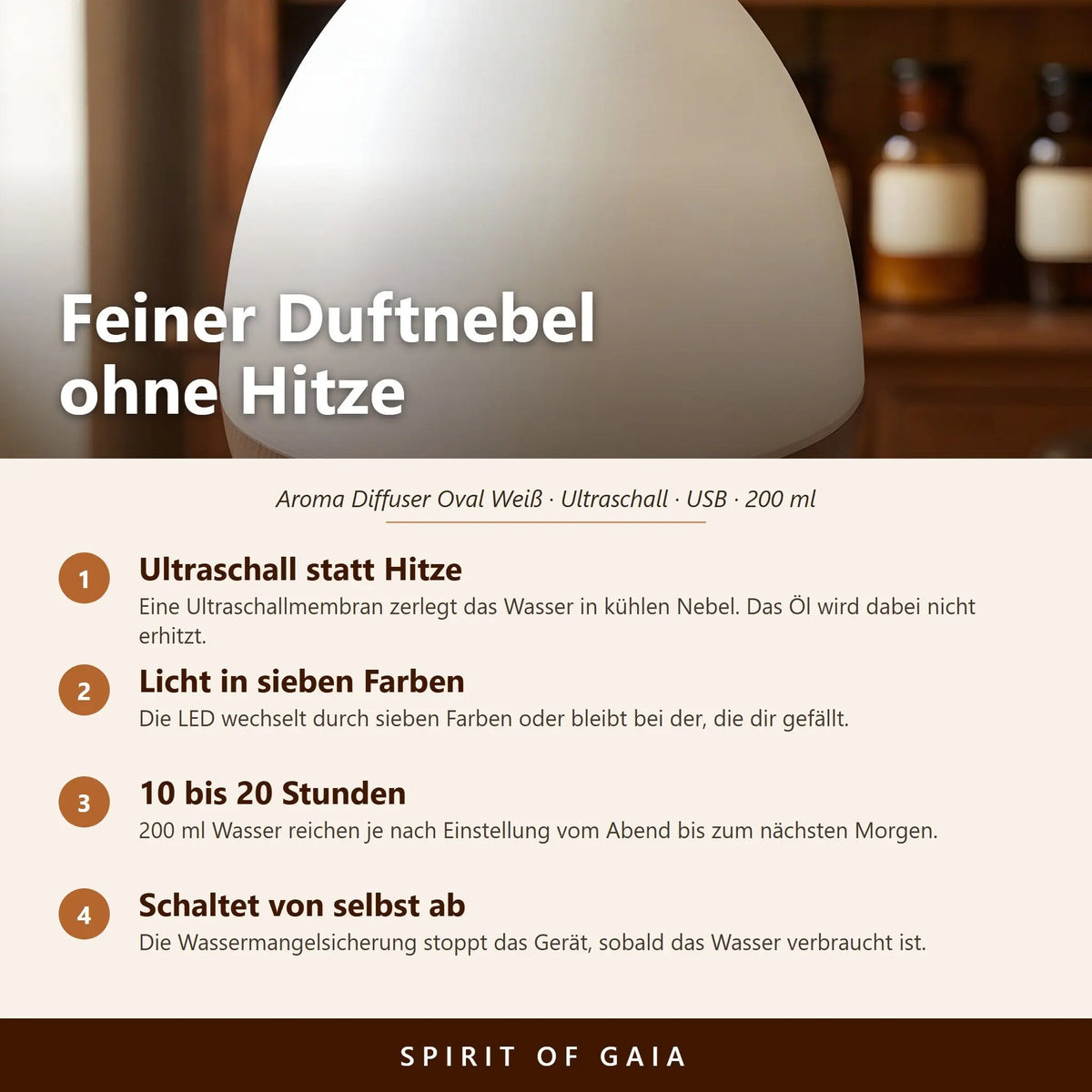 Infografik: Feiner Duftnebel ohne Hitze – Ultraschall, 7-Farben-LED, 10 bis 20 Stunden Laufzeit, Abschaltung bei leerem Tank