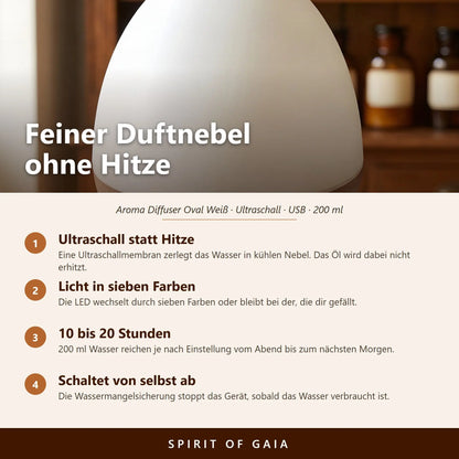 Infografik: Feiner Duftnebel ohne Hitze – Ultraschall, 7-Farben-LED, 10 bis 20 Stunden Laufzeit, Abschaltung bei leerem Tank