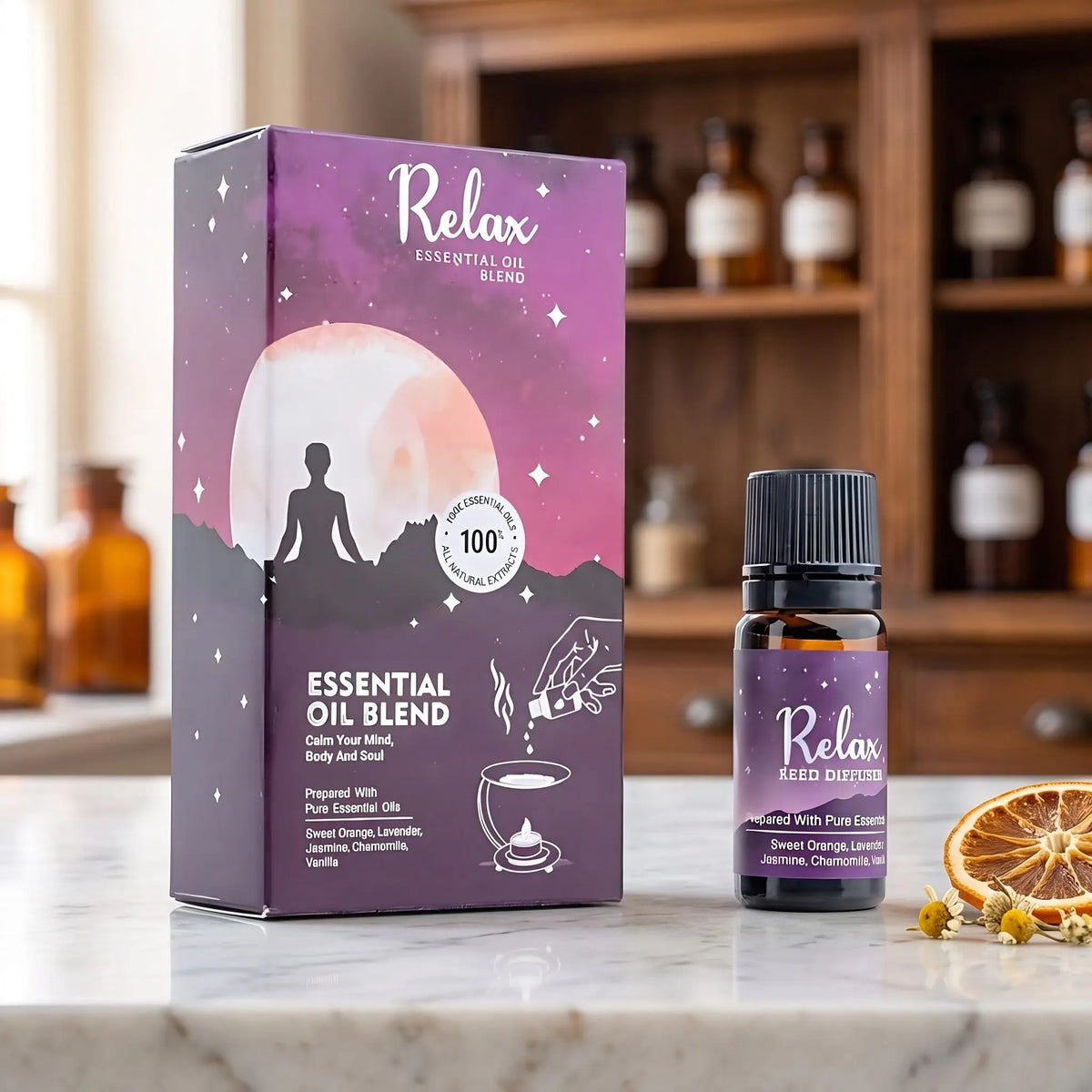 Ätherische Ölmischung Relax von Song of India: Fläschchen und violette Schachtel auf Marmortheke vor Apothekerschrank – Spirit of Gaia