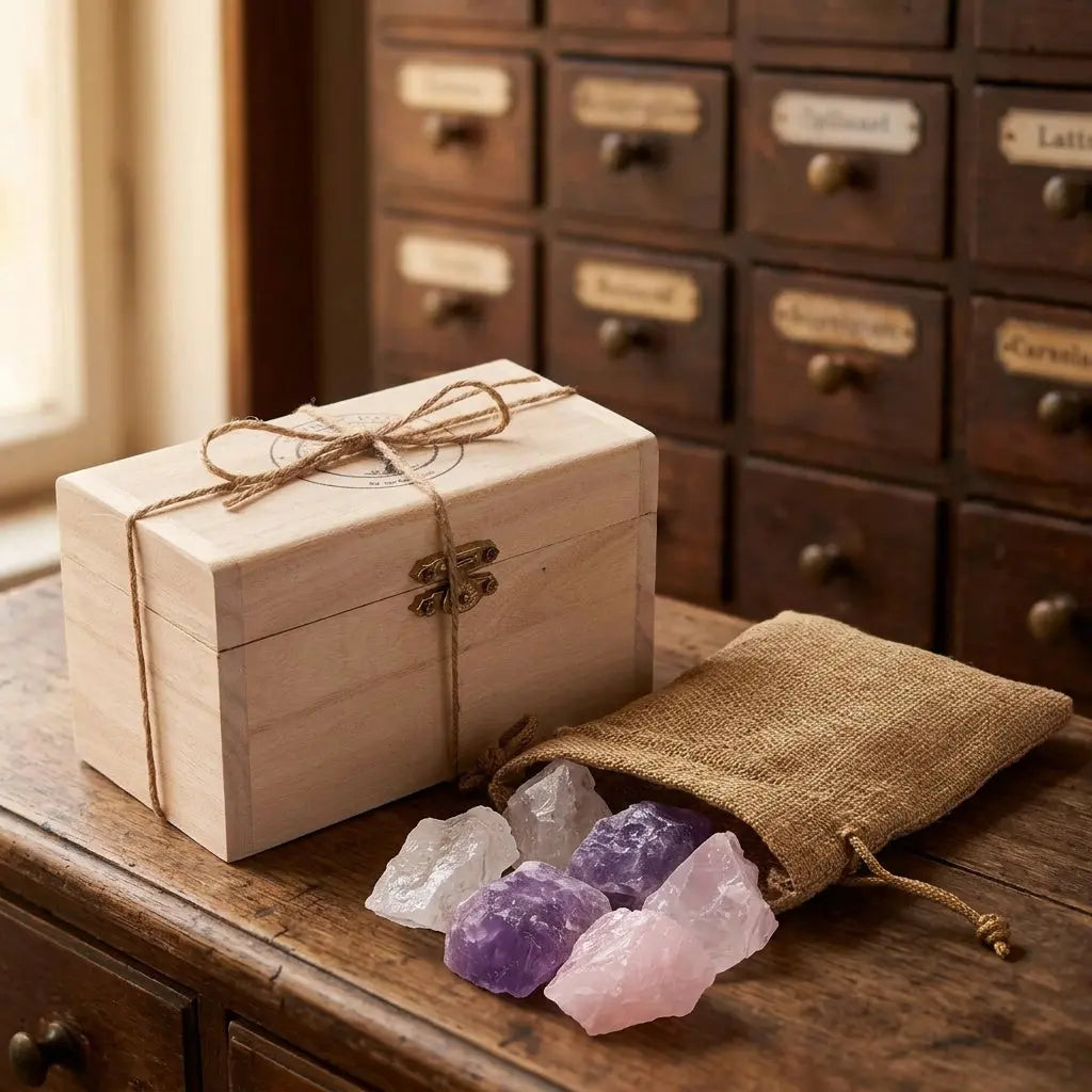 Holzkästchen der Wassersteine Grundmischung schräg von der Seite mit Amethyst, Rosenquarz und Bergkristall – Spirit of Gaia
