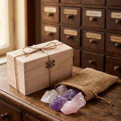Holzkästchen der Wassersteine Grundmischung schräg von der Seite mit Amethyst, Rosenquarz und Bergkristall – Spirit of Gaia