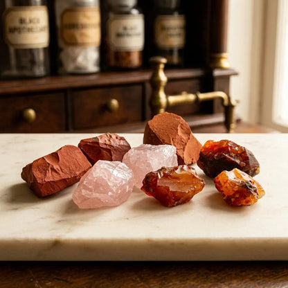 Naturbelassene Rohsteine der Wassersteine Liebe & Zuneigung: Rosenquarz, Roter Jaspis und Karneol in Nahaufnahme – Spirit of Gaia
