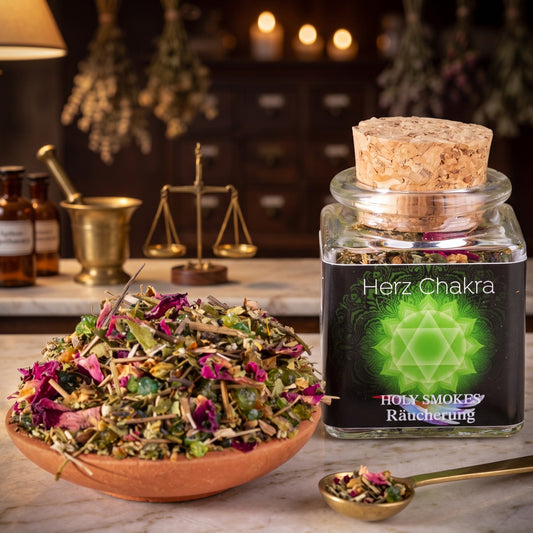Herzchakra, Chakra-Räuchermischung von Berk, 50 ml im Korkglas: Korkglas auf der Marmortheke einer alten Apotheke am Abend, davor eine Terracottaschale mit der losen Mischung und ein Messinglöffel – Spirit of Gaia