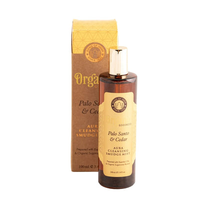 Aura Reinigungsspray Palo Santo und Zeder, 100 ml, Flasche und Schachtel freigestellt auf weißem Grund