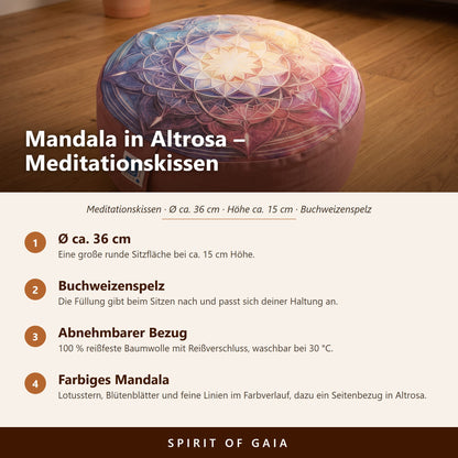 Übersicht zum Meditationskissen Mandala in Altrosa: Ø ca. 36 cm, Buchweizenspelz, abnehmbarer Bezug, waschbar bei 30 °C