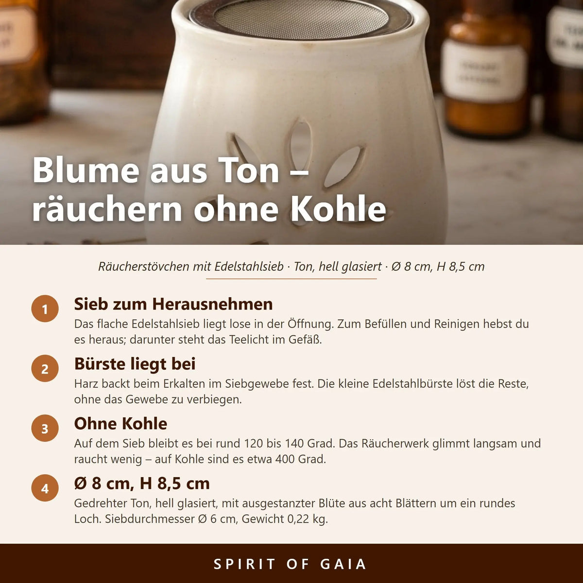 Infografik zum Räucherstövchen Blume aus Ton mit vier Punkten zu Sieb, Bürste, Temperatur und Maßen