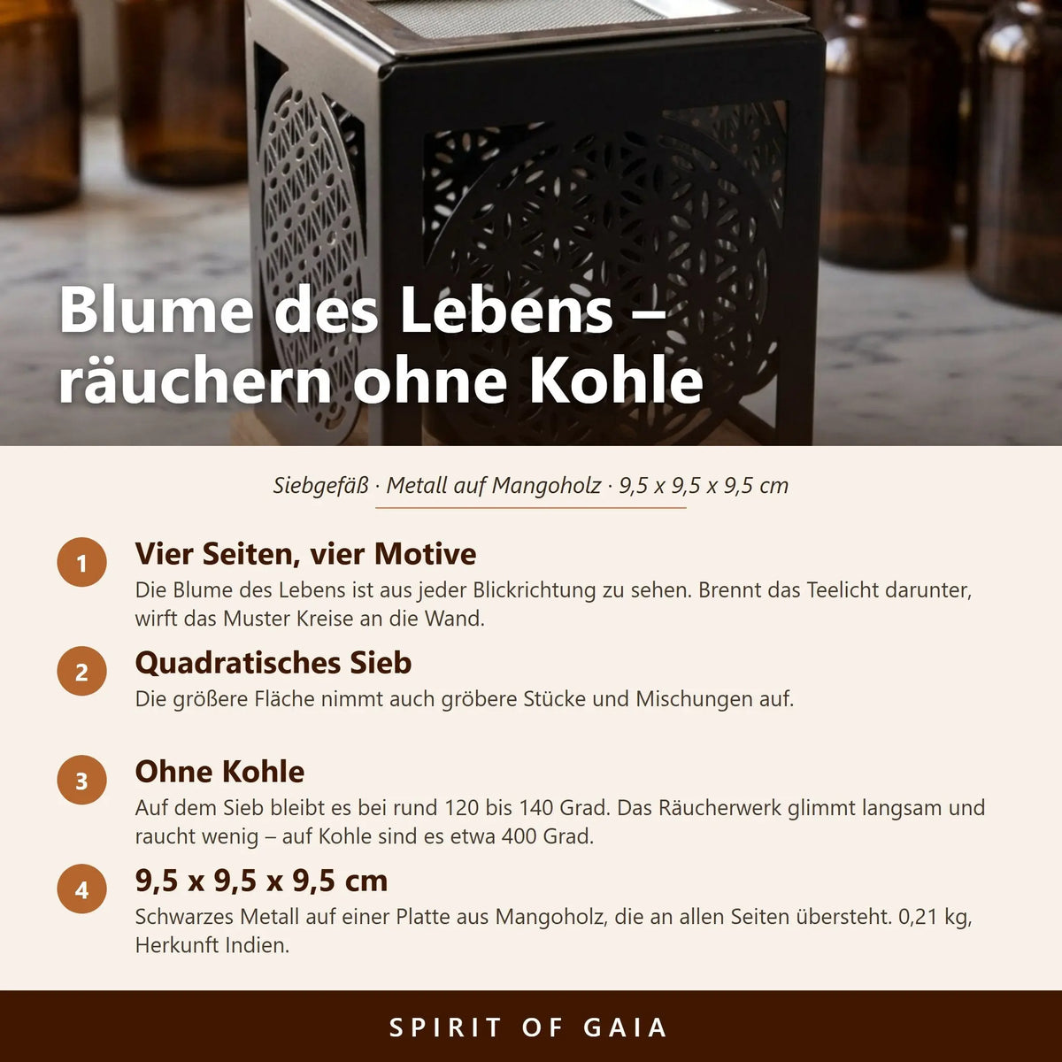 Infografik zum würfelförmigen Siebgefäß Blume des Lebens mit vier Punkten zu Motiv, Sieb, Temperatur und Maßen