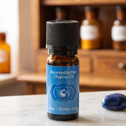 Ayurvedisches Chakra-Öl Ajna (Stirn-Chakra): 10-ml-Fläschchen aus Braunglas auf Marmortheke vor Apothekerschrank, daneben Lapislazuli – Spirit of Gaia