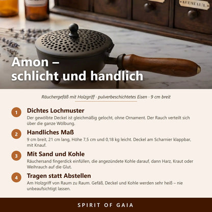 Infografik zum Lochmuster, den Maßen, der Anwendung mit Räuchersand und Kohle und zum Tragen am Holzgriff