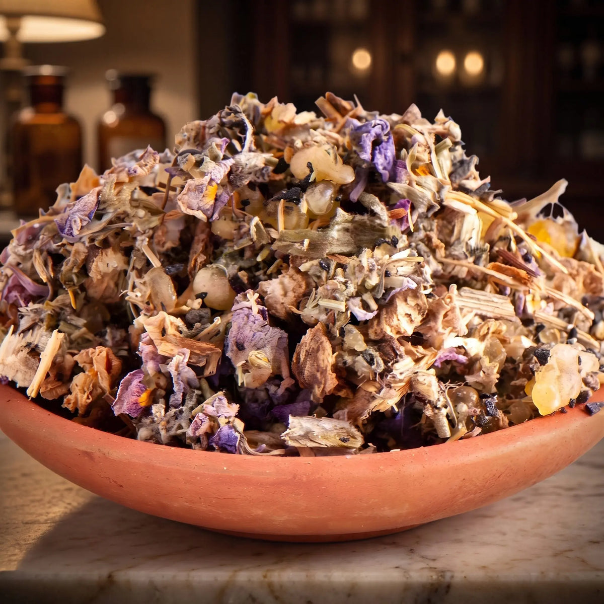 Trauer/Sterbebegleitung, Räuchermischung der Reihe Kraftvoll Räuchern von Berk, 60 ml im Bügelglas: Nahaufnahme der Terracottaschale mit Kräutern und violetten Malvenblüten vor der warmen, unscharfen Abendapotheke – Spirit of Gaia