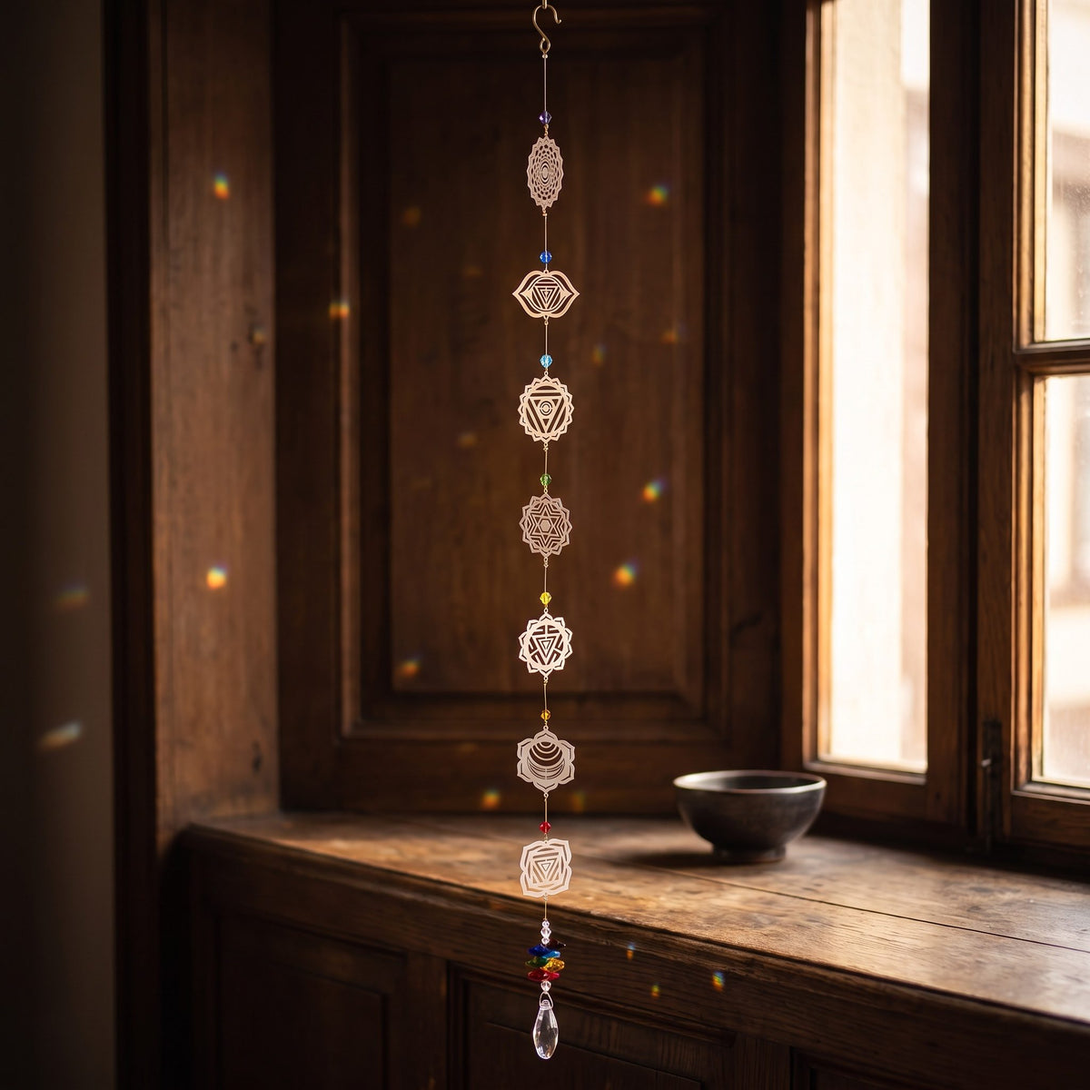 Chakra Suncatcher mit sieben Edelstahl-Symbolen und Farbperlen hängt am Haken in einer sonnigen Fensternische, Regenbogenpunkte auf dem Holz