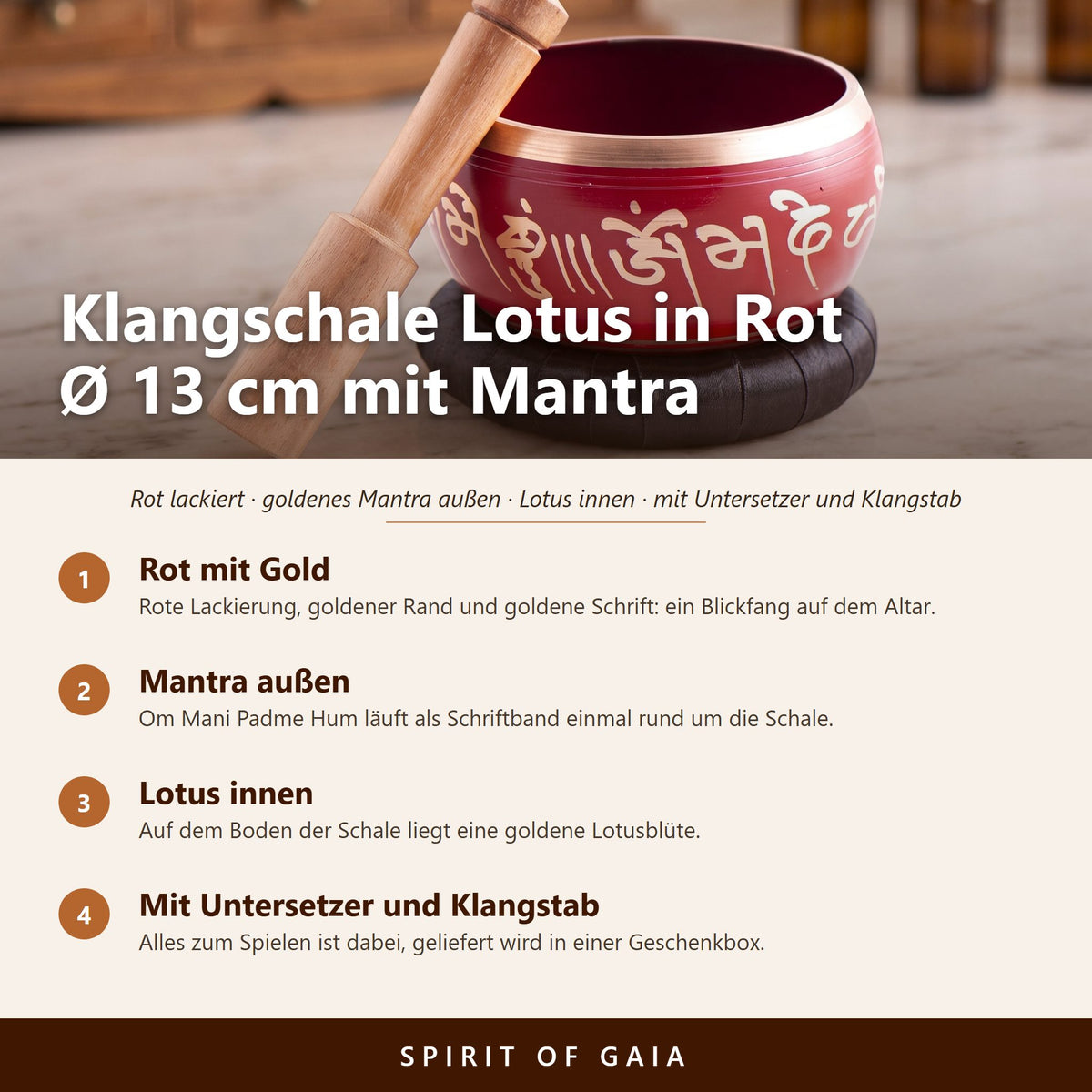 Übersicht zur Klangschale Lotus in Rot: Ø 13 cm, goldenes Mantra außen, Lotus innen, mit Untersetzer und Klangstab