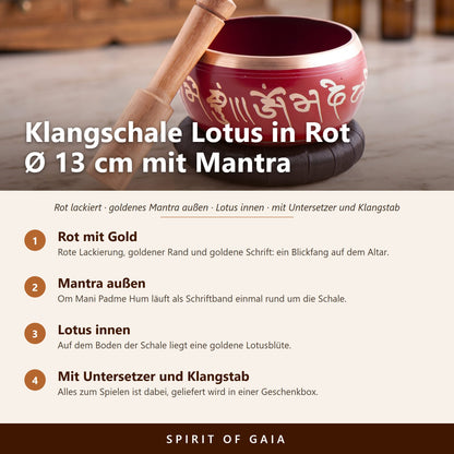 Übersicht zur Klangschale Lotus in Rot: Ø 13 cm, goldenes Mantra außen, Lotus innen, mit Untersetzer und Klangstab