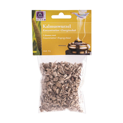 Kalmuswurzel, sortenreines Räucherwerk von Berk, 30 g: Tüte mit senfgelbem Kartonkopf, freigestellt auf Weiß