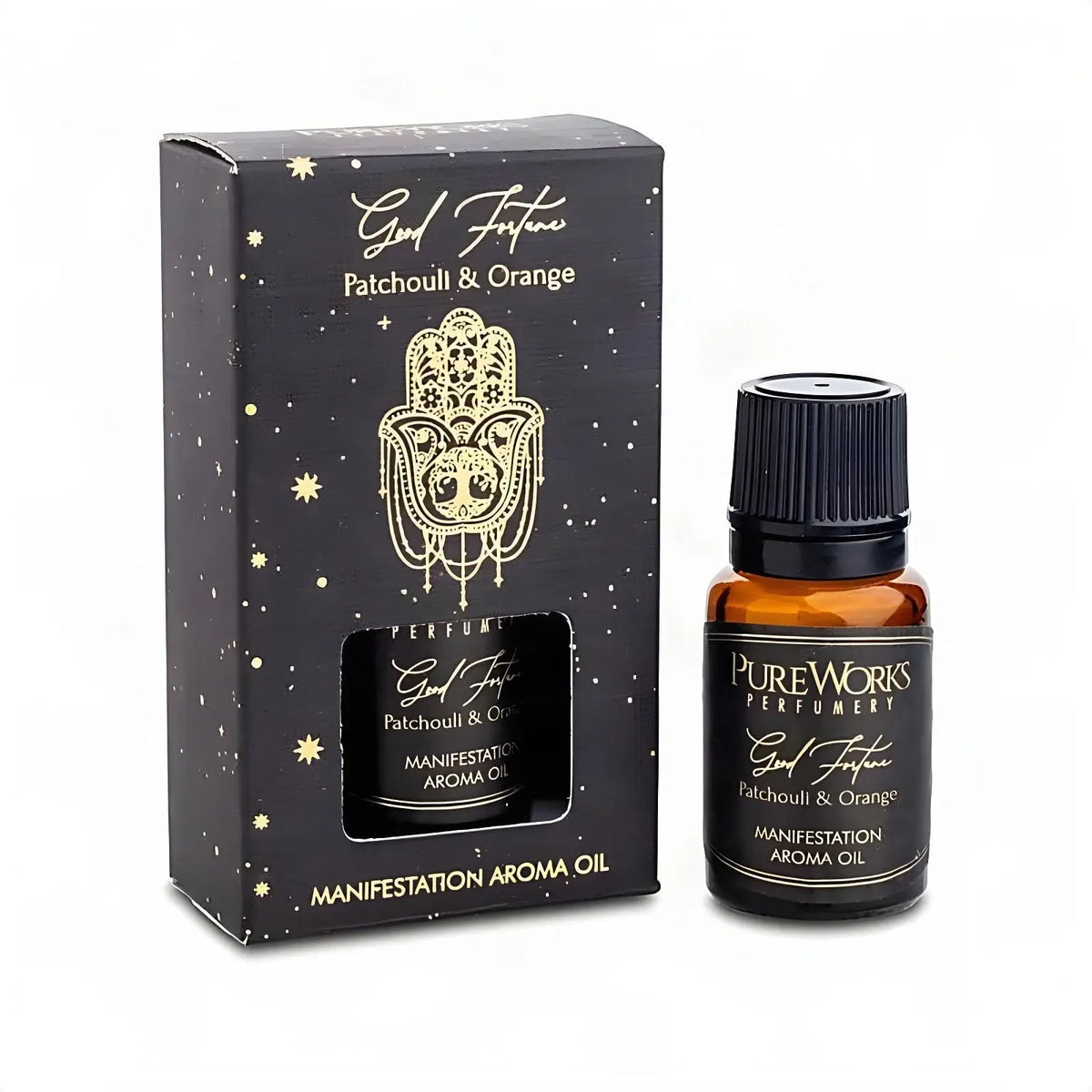 Aromaöl Good Fortune (Patchouli & Orange), Fläschchen und Schachtel, freigestellt auf Weiß