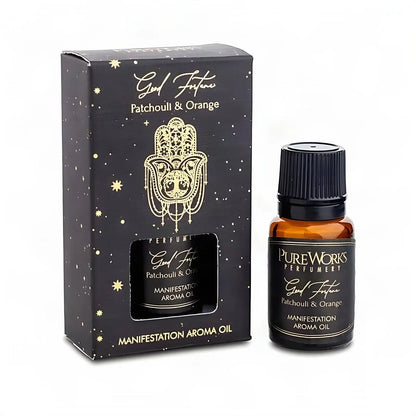 Aromaöl Good Fortune (Patchouli & Orange), Fläschchen und Schachtel, freigestellt auf Weiß