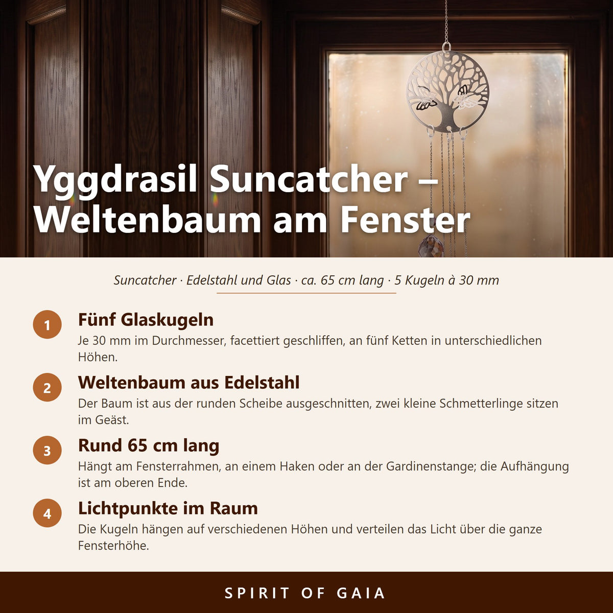 Übersicht zum Yggdrasil Suncatcher: Weltenbaum aus Edelstahl, fünf Glaskugeln à 30 mm, ca. 65 cm lang