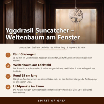 Übersicht zum Yggdrasil Suncatcher: Weltenbaum aus Edelstahl, fünf Glaskugeln à 30 mm, ca. 65 cm lang