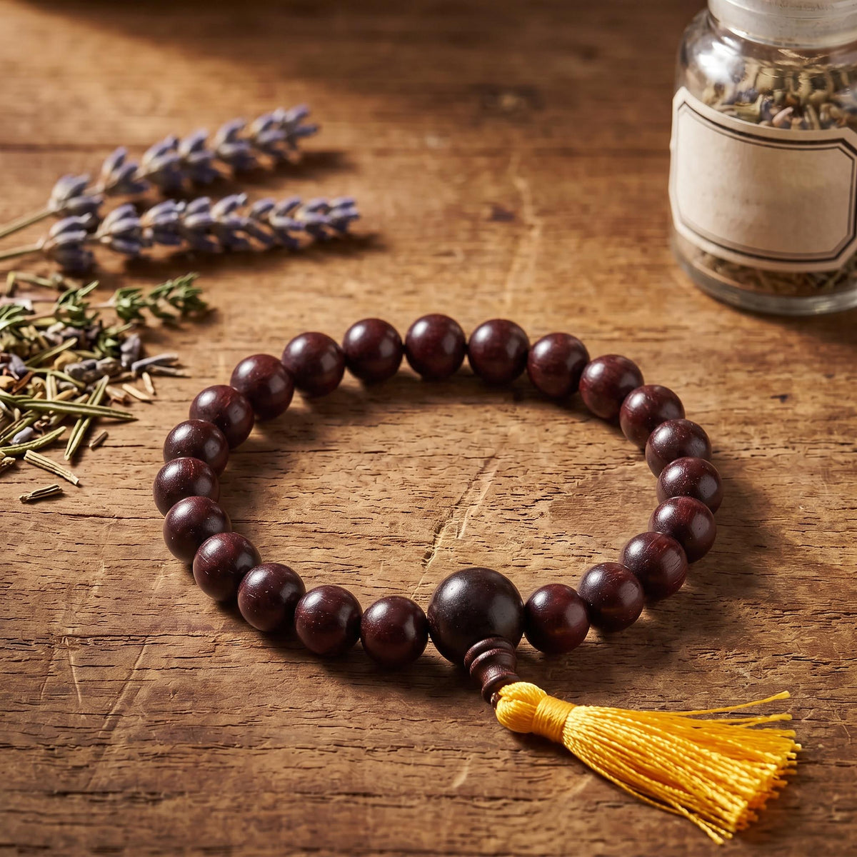 Power-Bracelet Rosenholz auf einem Holztisch neben Lavendel und einem Glas mit getrockneten Kräutern