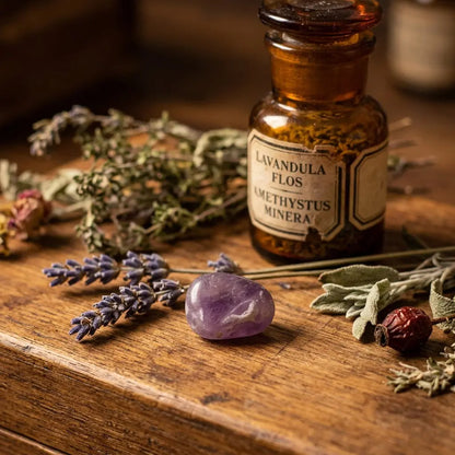 Amethyst Trommelstein – auf warmem Holz mit Lavendel und getrockneten Kräutern