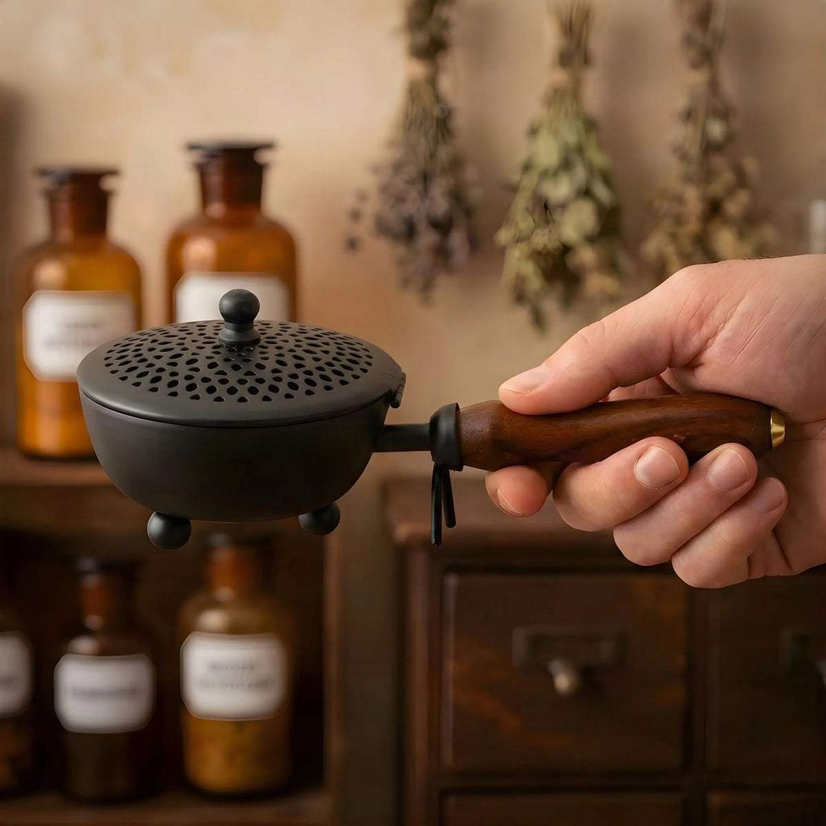 Hand hält das kleine Räuchergefäß Amon am Holzgriff, die Schale misst nur 9 Zentimeter