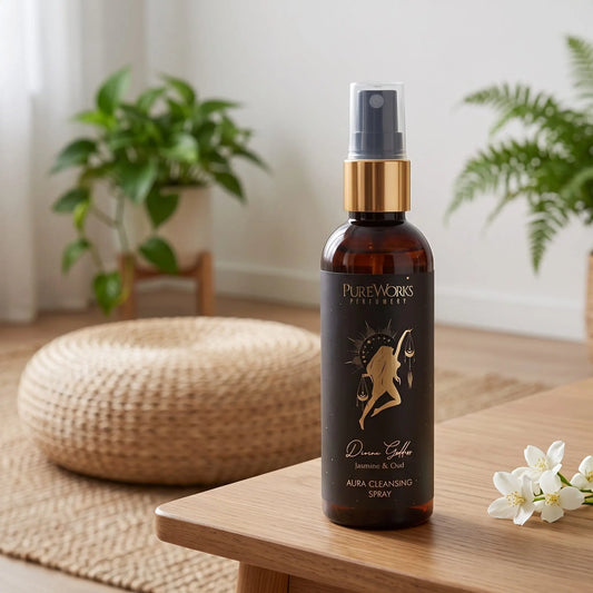 Aura-Spray Divine Goddess (Jasmin & Oud): Sprühflasche auf einem Holztisch in einer ruhigen Meditationsecke mit Sitzkissen und Pflanze