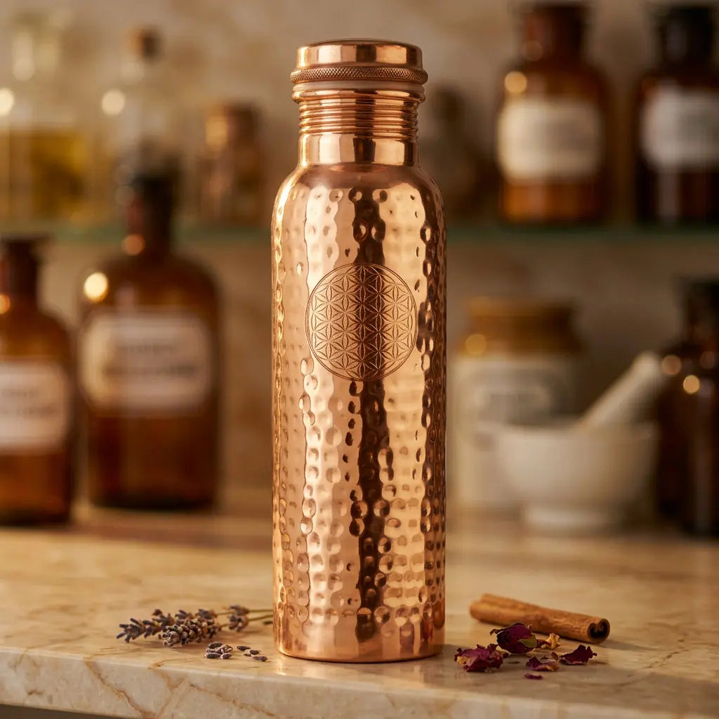 Kupferflasche Blume des Lebens 900 ml im Dreiviertel-Winkel